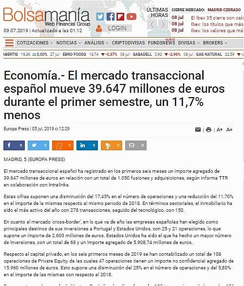 El mercado transaccional espaol mueve 39.647 millones de euros durante el primer semestre, un 11,7% menos